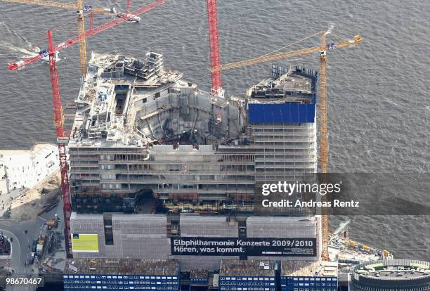 This aerial view shows the construction of the new Philharmonic Hall at the Hanseatic city of Hamburg on April 24, 2010 in Hamburg, Germany. The...