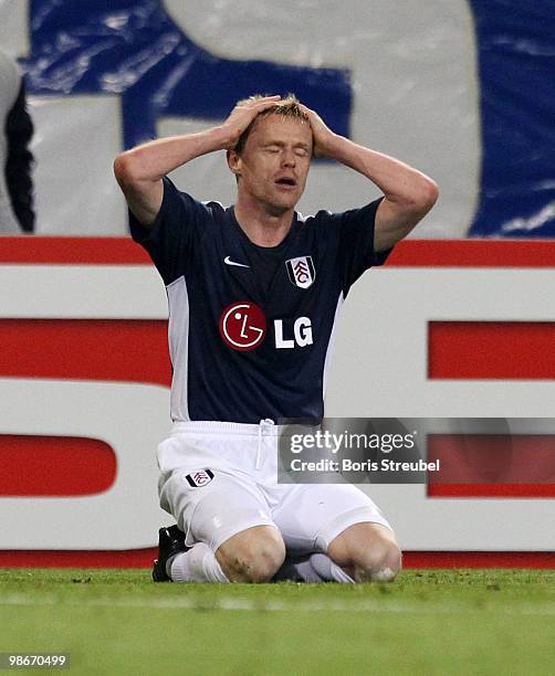 Damien Duff of Fulham shows his frustration during the UEFA Europa League semi final first leg match between Hamburger SV and Fulham at HSH Nordbank...