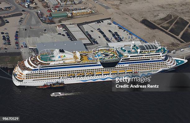 This aerial view shows the cruise liner 'AIDAblu' at the Hamburg harbour on April 24, 2010 in Hamburg, Germany.