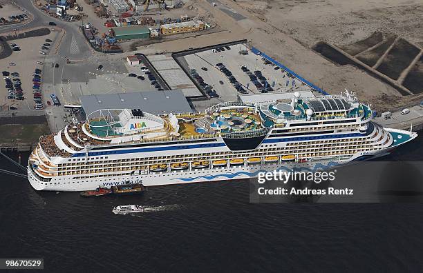 This aerial view shows the cruise liner 'AIDAblu' at the Hamburg harbour on April 24, 2010 in Hamburg, Germany.