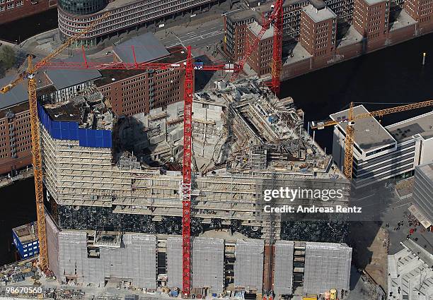 This aerial view shows the construction of the new Philharmonic Hall at the Hanseatic city of Hamburg on April 24, 2010 in Hamburg, Germany. The...