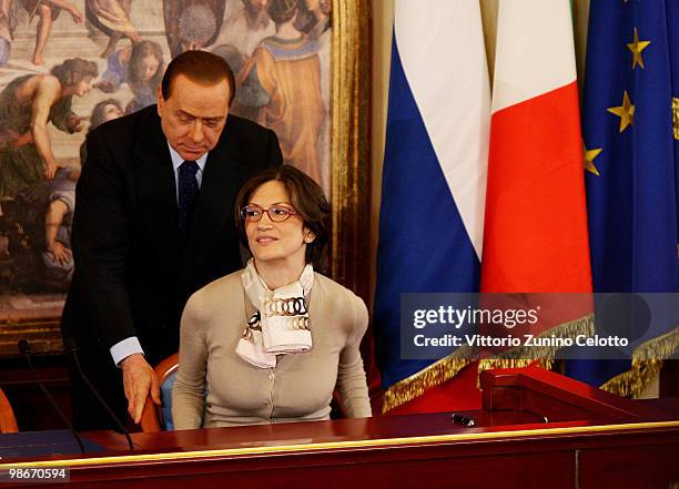 Italian Prime Minister Silvio Berlusconi and Italian Education Minister Maria Stella Gelmini attends a press conference held at Villa Gernetto on...