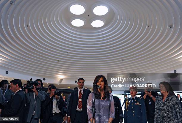 Argentina's President Cristina Kirchner addresses the press upon her arrival to the 2nd Africa-South America Summit in Porlamar, Margarita Island,...