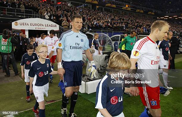 Ruud van Nistelrooy, Goalkeeper Frank Rost and David Jarolim of Hamburg enters the pitch prior to the UEFA Europa League semi final first leg match...