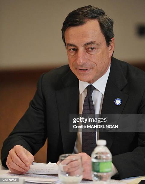 Banca d'Italia Governor Mario Draghi, chairman of the Financial Stability Committee, speaks at a press conference during the IMF/World Bank Spring...