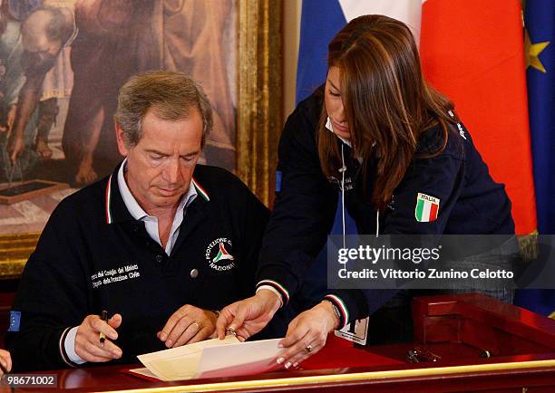 Head of Italian Civil Protection Guido Bertolaso attends a press conference held at Villa Gernetto on April 26, 2010 in Lesmo, Italy. The meeting...