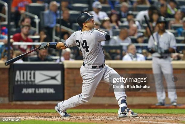 Gary Sanchez of the New York Yankees in action against the New York Mets during a game at Citi Field on June 9, 2018 in the Flushing neighborhood of...