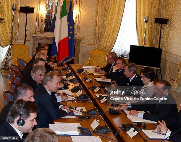 Italian Prime Minister Silvio Berlusconi and Russian Prime Minister Vladimir Putin meet for talks at Villa Gernetto on April 26, 2010 in Lesmo,...