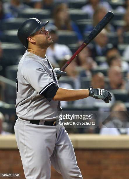 Gary Sanchez of the New York Yankees in action against the New York Mets during a game at Citi Field on June 9, 2018 in the Flushing neighborhood of...