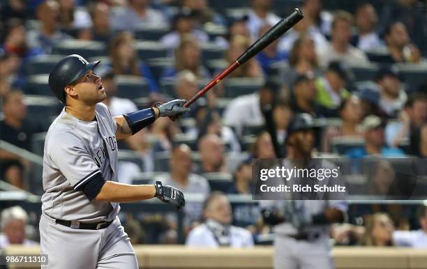 Gary Sanchez of the New York Yankees in action against the New York Mets during a game at Citi Field on June 9, 2018 in the Flushing neighborhood of...