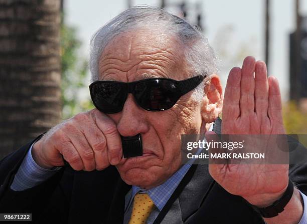 Actor/Director Mel Brooks does a impersonation of Adolf Hitler whom he jokingly thanked for helping launch his career as a comedian, at the ceremony...