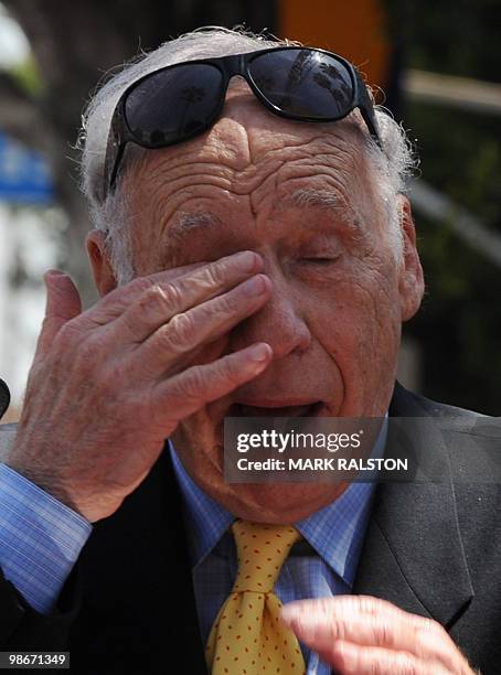 Actor/Director Mel Brooks gestures at the ceremony to unveil his Hollywood Walk of Fame star in Hollywood on April 23, 2010. Mel Brooks began his...