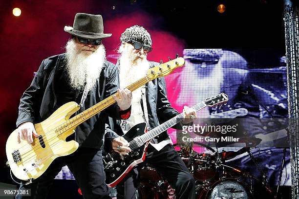 Musicians Dusty Hill, Billy Gibbons and Frank Beard of ZZ Top perform in concert at The Backyard on April 25, 2010 in Austin, Texas.