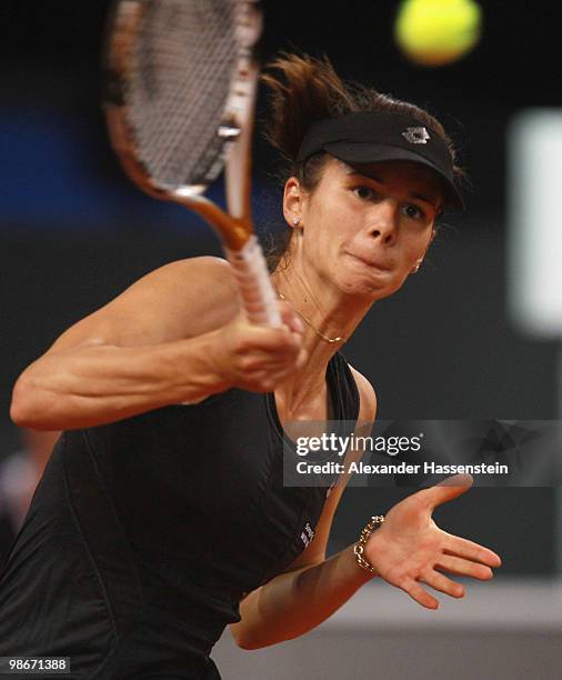 Tsvetana Pironkova of Bulgaria plays a fore hand during her qualification match against Ivana Lisjak of Croatia at day one of the WTA Porsche Tennis...