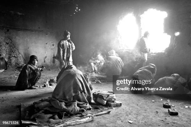 Drug addicts in the former Russian Cultural Centre in Kabul, where up to 1700 addicts come and go from this Soviet-style building, injecting and...