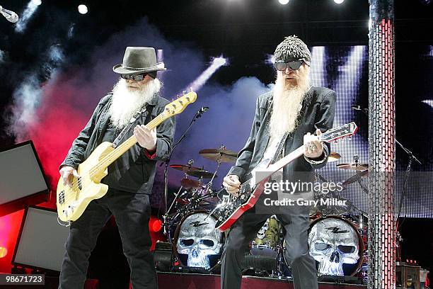 Musicians Dusty Hill and Billy Gibbons of ZZ Top perform in concert at The Backyard on April 25, 2010 in Austin, Texas.