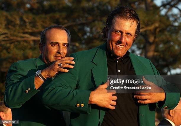 Phil Mickelson and Angel Cabrera during the final round of the 2010 Masters Tournament at Augusta National Golf Club on April 11, 2010 in Augusta,...