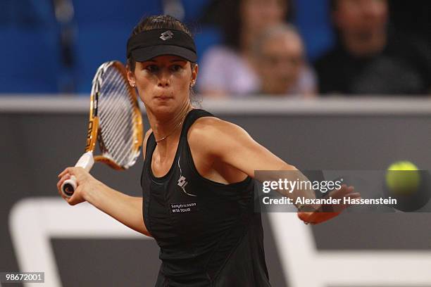 Tsvetana Pironkova of Bulgaria plays a fore hand during her qualification match against Ivana Lisjak of Croatia at day one of the WTA Porsche Tennis...
