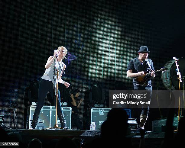 Jennifer Nettles and Kristian Bush of Sugarland perform at The 2010 Stagecoach Music Festival at The Empire Polo Club on April 24, 2010 in Indio,...