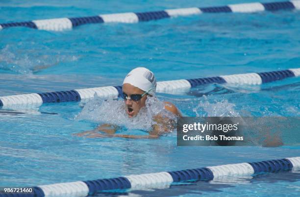 American competitive swimmer Susan Rapp competes for the United States team to finish in 2nd place to win the silver medal in the Women's 200 metre...