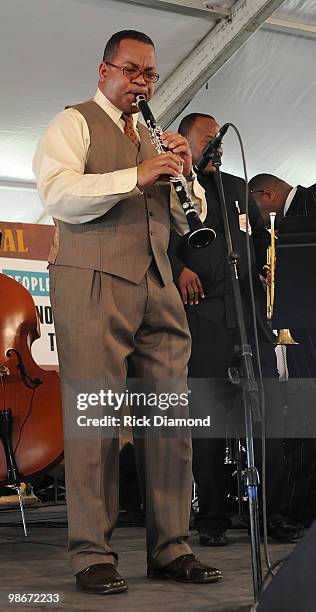 Musician Victor Goines performs at the 2010 New Orleans Jazz & Heritage Festival Presented By Shell at the Fair Grounds Race Course on April 25, 2010...