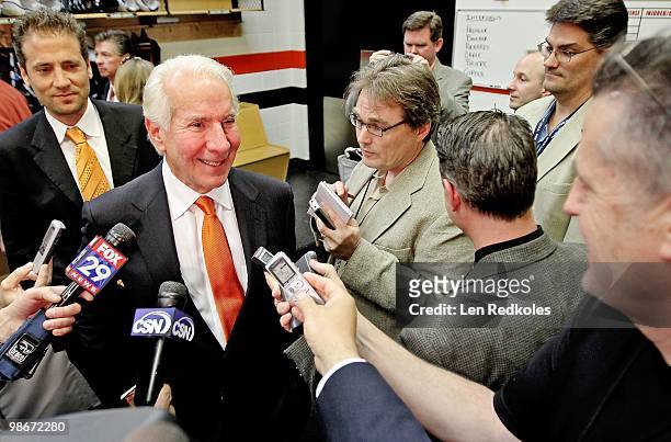 Chairman Ed Snider of the Philadelphia Flyers smiles during the post game interviews after his team advanced into the playoffs after 2-1 shootout win...