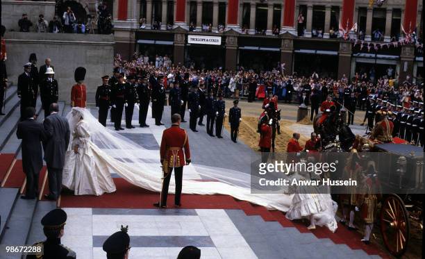 Lady Diana Spencer, wearing a wedding dress designed by David and Elizabeth Emanuel and the Spencer family Tiara, prepares to enter St. Paul's...
