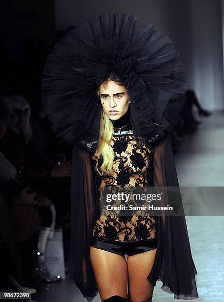 Alice Dellal walks the catwalk during the Pam Hogg show during London Fashion Week Autumn/Winter 2010 at On|Off at Senate House on February 22, 2010...