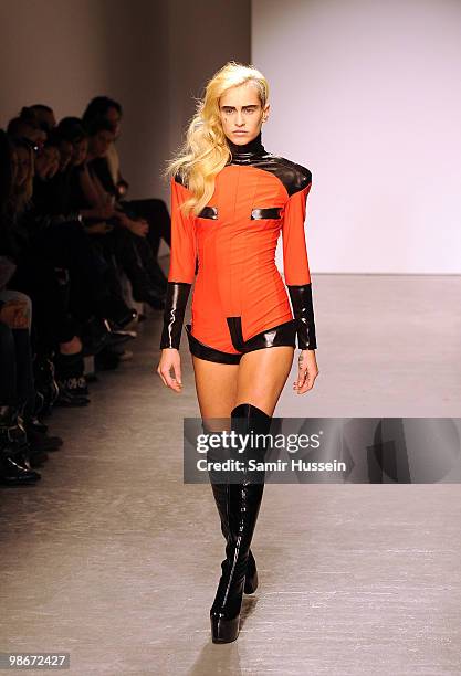 Alice Dellal walks the catwalk during the Pam Hogg show during London Fashion Week Autumn/Winter 2010 at On|Off at Senate House on February 22, 2010...