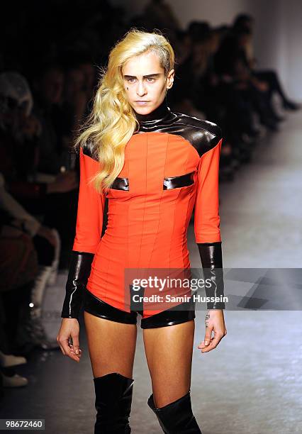 Alice Dellal walks the catwalk during the Pam Hogg show during London Fashion Week Autumn/Winter 2010 at On|Off at Senate House on February 22, 2010...