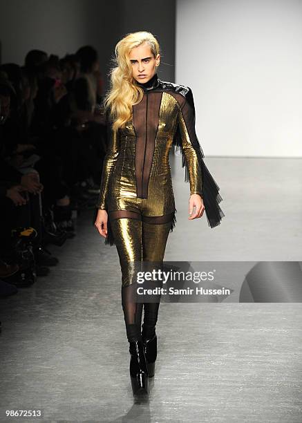 Alice Dellal walks the catwalk during the Pam Hogg show during London Fashion Week Autumn/Winter 2010 at On|Off at Senate House on February 22, 2010...