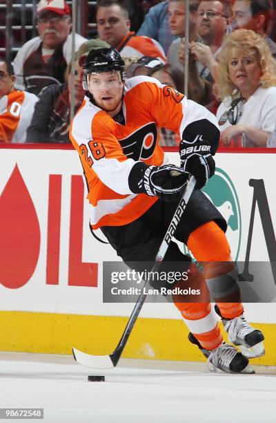 Claude Giroux of the Philadelphia Flyers skates with the puck against the New York Rangers on April 11, 2010 at the Wachovia Center in Philadelphia,...
