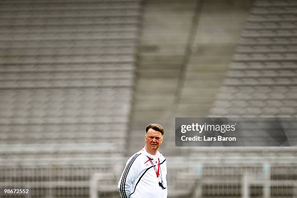 Head coach Luis van Gaal looks on during a Bayern Muenchen training session at Stade de Gerland on April 26, 2010 in Lyon, France. Muenchen will play...