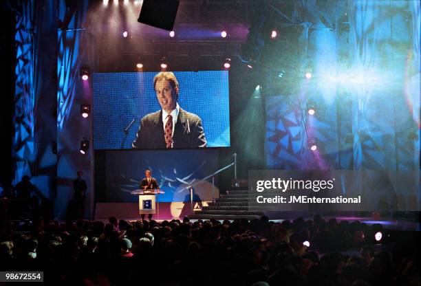 Labour Leader of the Opposition Tony Blair presenting an outstanding contribution award to David Bowie at the Brit Awards at Earls Court on February...