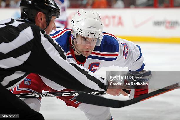 Chris Drury of the New York Rangers readies for a face-off against the Philadelphia Flyers on April 11, 2010 at the Wachovia Center in Philadelphia,...