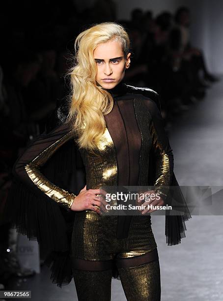 Alice Dellal walks the catwalk during the Pam Hogg show during London Fashion Week Autumn/Winter 2010 at On|Off at Senate House on February 22, 2010...