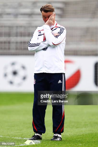 Head coach Louis van Gaal is seen during a Bayern Muenchen training session at Stade de Gerland on April 26, 2010 in Lyon, France. Muenchen will play...