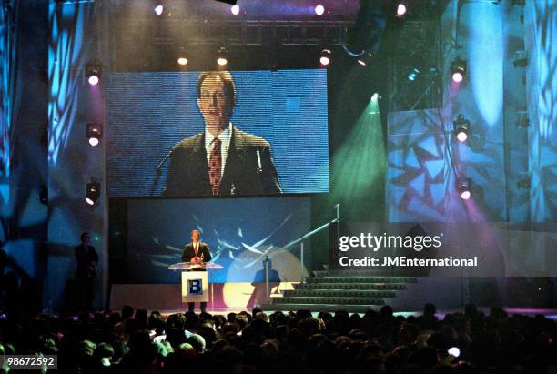 Labour Leader of the Opposition Tony Blair presenting an outstanding contribution award to David Bowie at the Brit Awards at Earls Court on February...