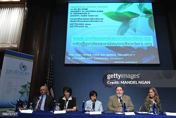 Ike Levine speaks during a press conference to launch "Professors Beyond Borders" April 26, 2010 as Blair Gifford, Jane Lu Hsu, Sukanda Lewis and...