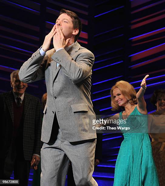 Sean Hayes and Kristin Chenoweth during curtain call at the "Promises, Promises" Broadway opening night at the Broadway Theatre on April 25, 2010 in...