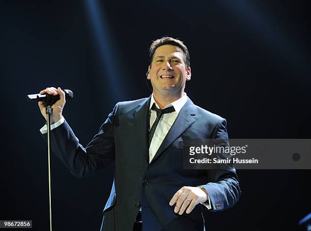 Tony Hadley of Spandau Ballet performs as part of their comeback tour at the O2 Arena on October 20, 2009 in London, England.