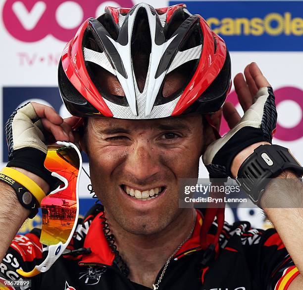 Alejandro Valverde of Spain and Caisse D'Epargne relaxes after finishing 3rd in the 96th Liège-Bastogne-Liège race on April 25, 2010 in Liege,...