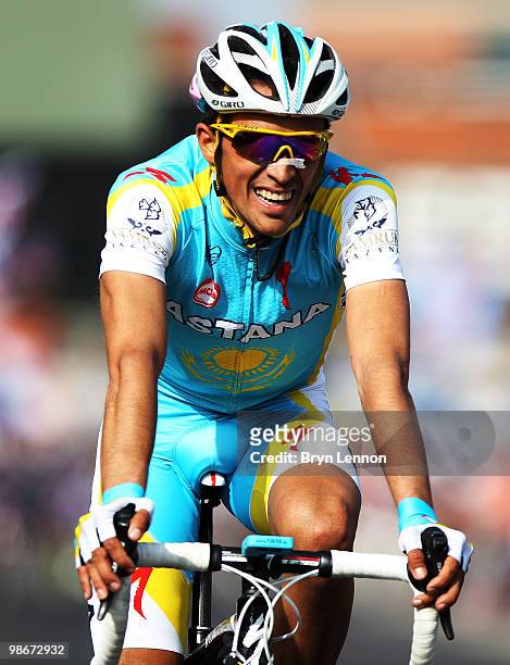 Alberto Contador of Spain and Astana crosses the finishline during the Liège-Bastogne-Liège race on April 25, 2010 in Liege, Belgium.