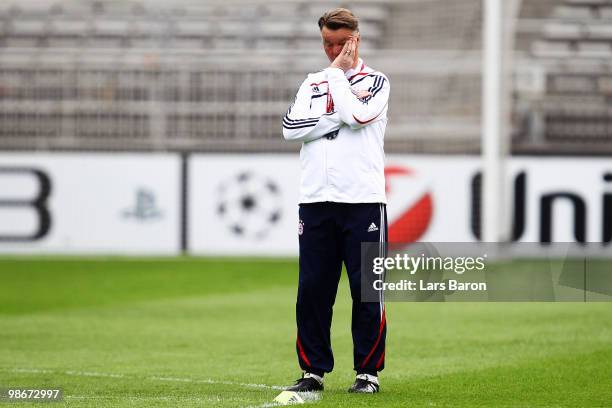 Head coach Louis van Gaal is seen during a Bayern Muenchen training session at Stade de Gerland on April 26, 2010 in Lyon, France. Muenchen will play...