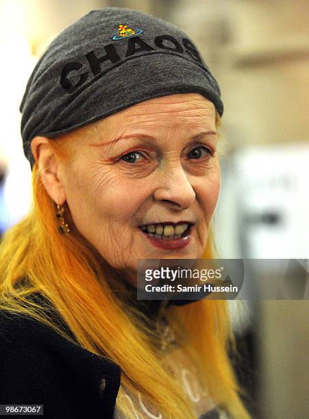 Designer Vivienne Westwood poses backstage during the Vivienne Westwood Red Label fashion show during London Fashion Week on February 21, 2010 in...