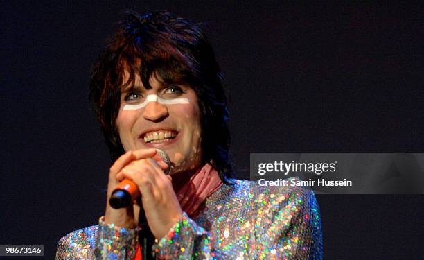 Noel Fielding of The Mighty Boosh performs with the Mighty Boosh band at The Mighty Boosh Festival at The Hop Farm on July 5, 2008 in Paddock Wood,...