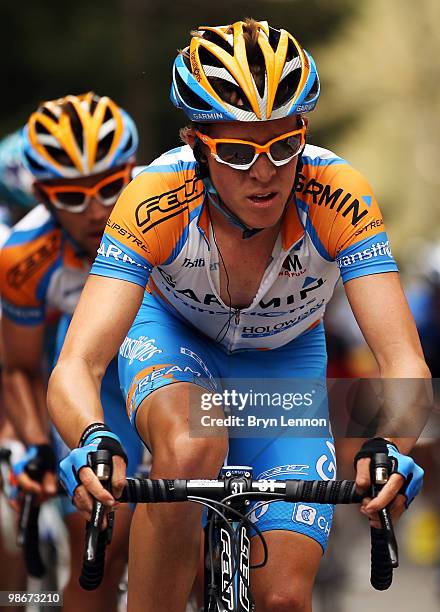 Cameron Meyer of Australia and team Garmin-Transitions rides in the peloton during the 96th Liège-Bastogne-Liège race on April 25, 2010 in Liege,...