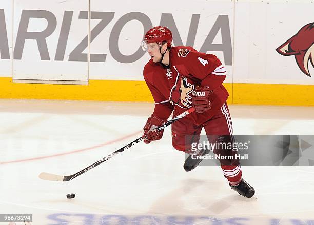 Zbynek Michalek of the Phoenix Coyotes looks to pass the puck against the Detroit Red Wings in Game Five of the Western Conference Quarterfinals...