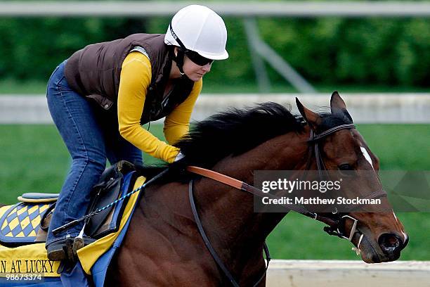 Kentucky Derby favorite Lookin at Lucky, riden by Dana Barnes, is put through a workout during morning excercise at Churchill Downs on April 26, 2010...