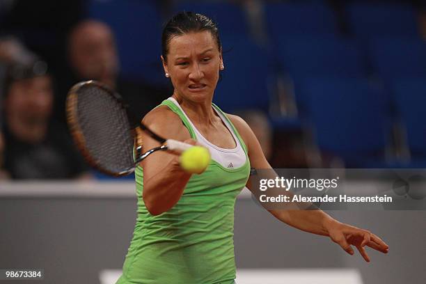 Ivana Lisjak of Croatia plays a forehand during her qualification match against Tsvetana Pironkova of Bulgaria at day one of the WTA Porsche Tennis...